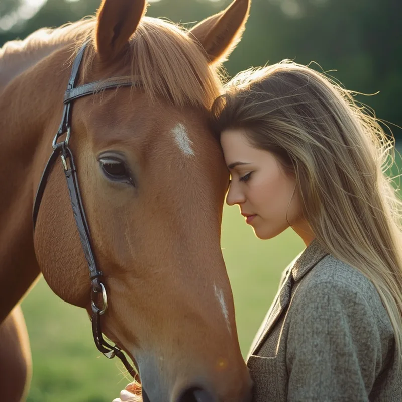 A woman resting her head gently against her chestnut horse