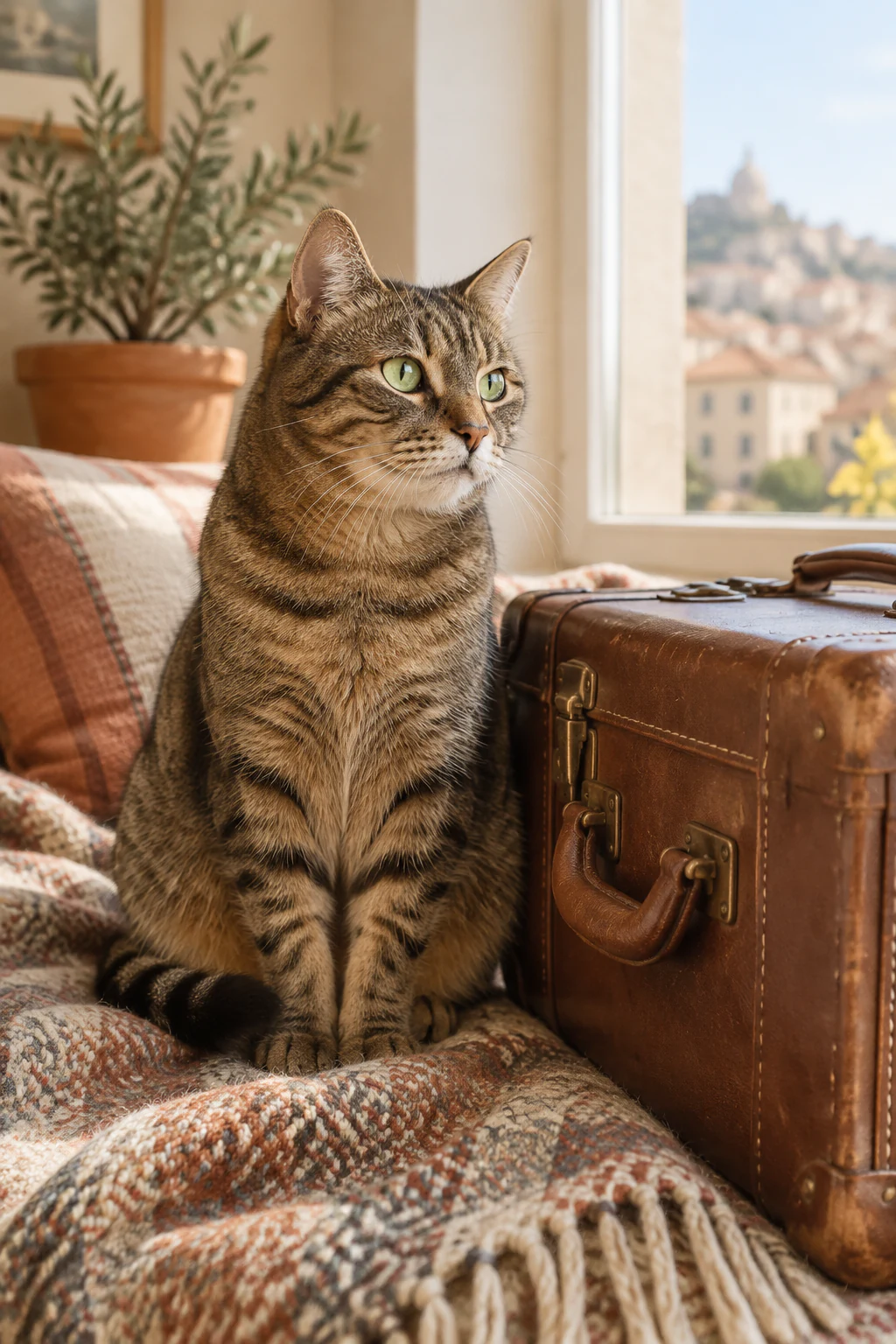 A tabby cat sitting beside a leather suitcase by a sunny window